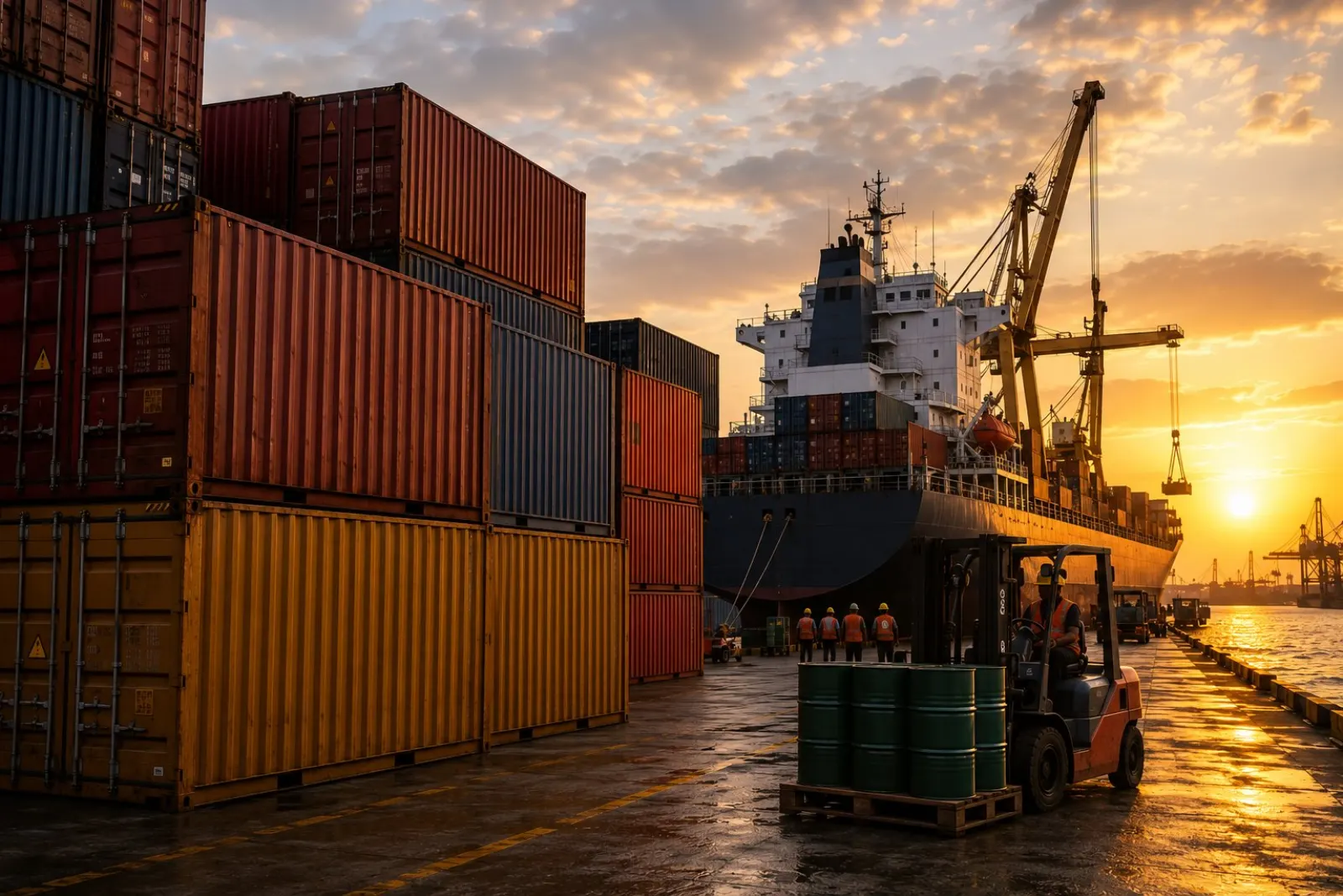Export port at sunset — Nigerian palm oil reaching global markets