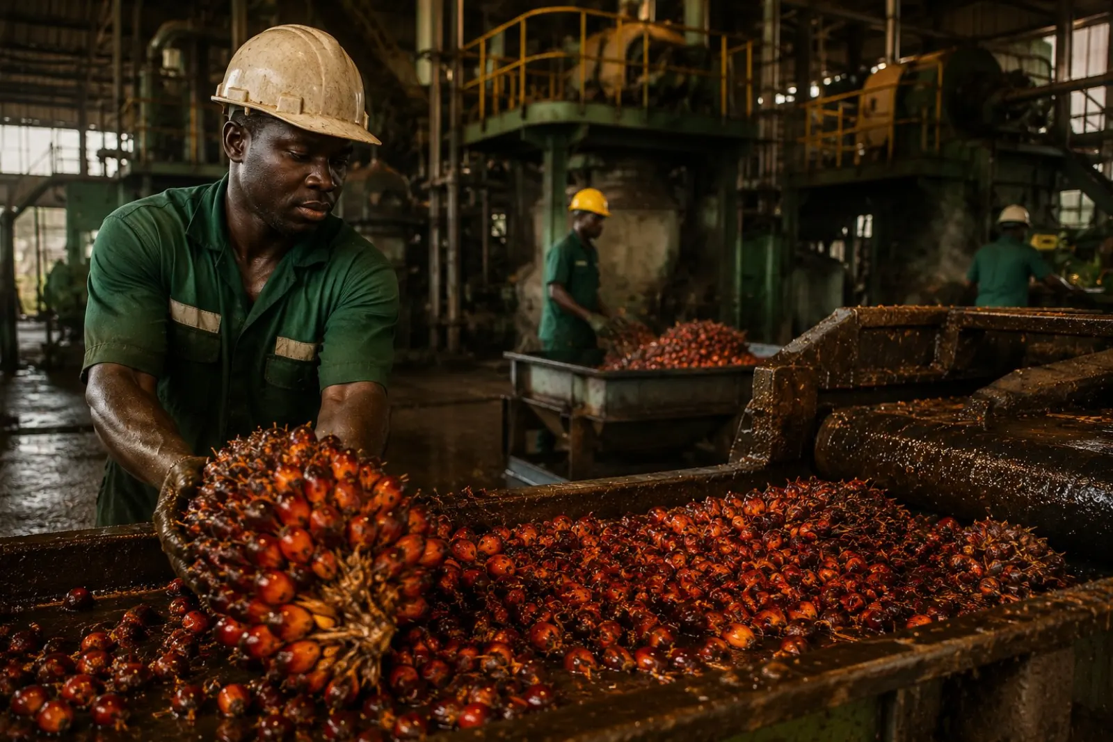 Mill worker handling fresh palm fruits — skilled labour